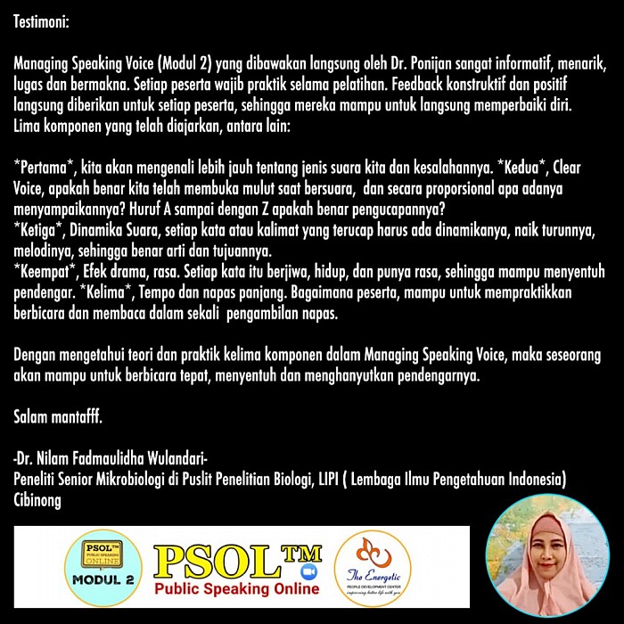 dr Nilam Public Speaking Online PSOL™ (Public Speaking Online) Dr. Ponijan Liaw, M.Pd., CPS®
